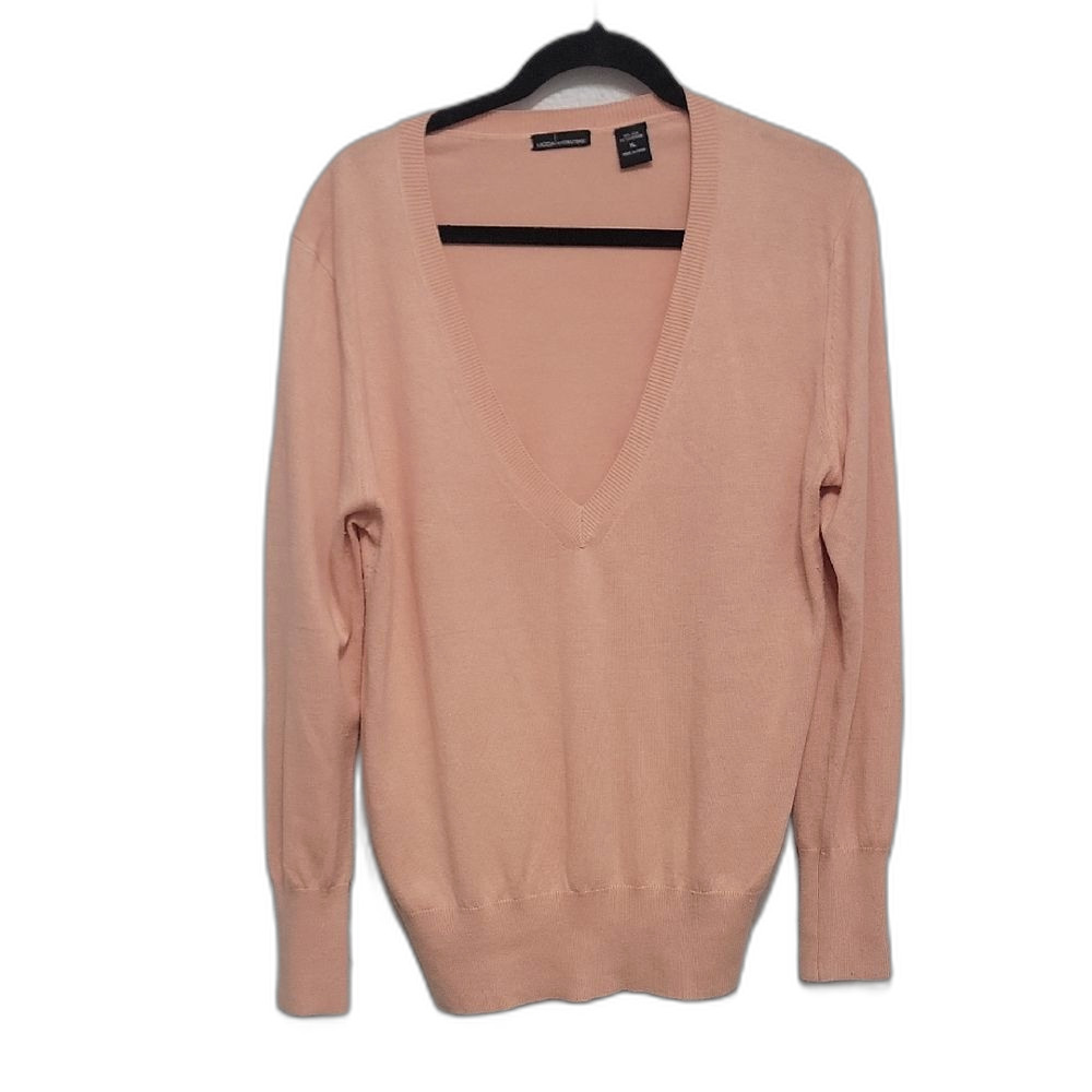 Moda International Peach Cashmere Silk V-Neck Sweater Pink Size XL Quiet Luxury